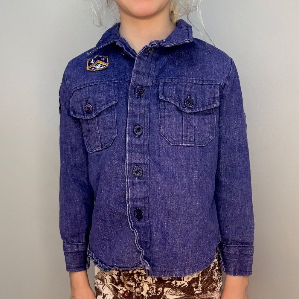 Vintage 1970s Kids Denim Shirt with Vintage Patches, Size 5, Snoopy, Fenwick